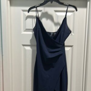 Windsor Blue Asymmetrical Slip Dress with Spaghetti Straps